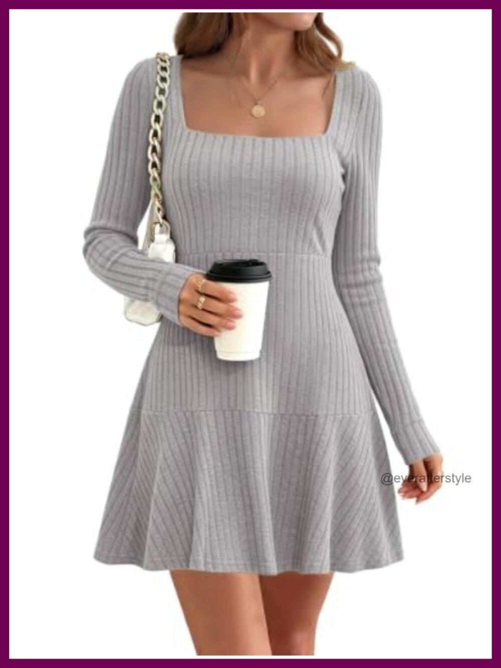Womens Ribbed Knit A Line Sweater Dress Long Sleeve Square Neck